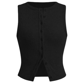 Ribbed Button Crop Tank Top in Black — VerolynBoutique