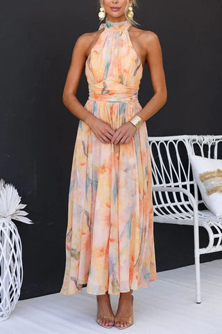 Halter Neck Floral Maxi Dress in Apricot — VerolynBoutique