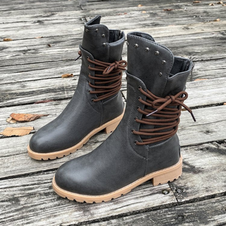 Studded Lace-Up Mid-Calf Boots in Grey — VerolynBoutique