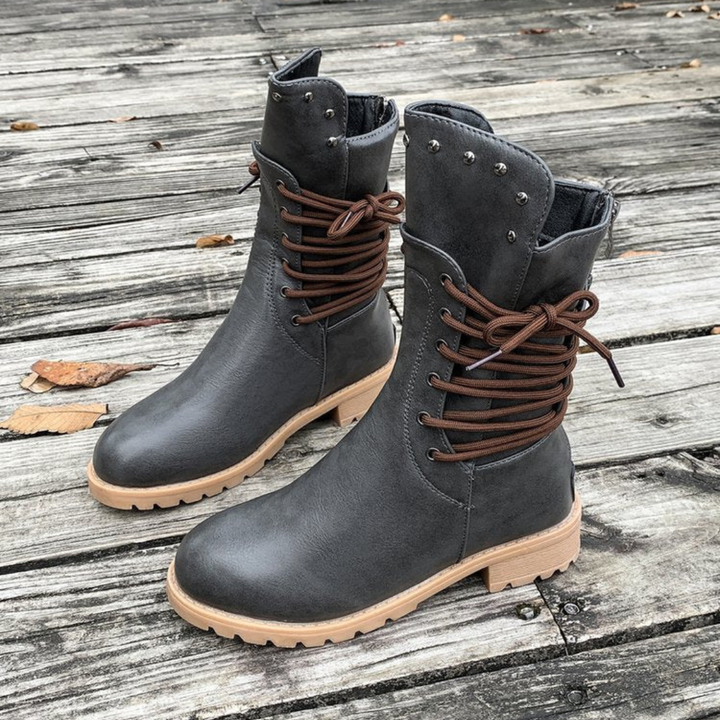 Studded Lace-Up Mid-Calf Boots in Grey — VerolynBoutique