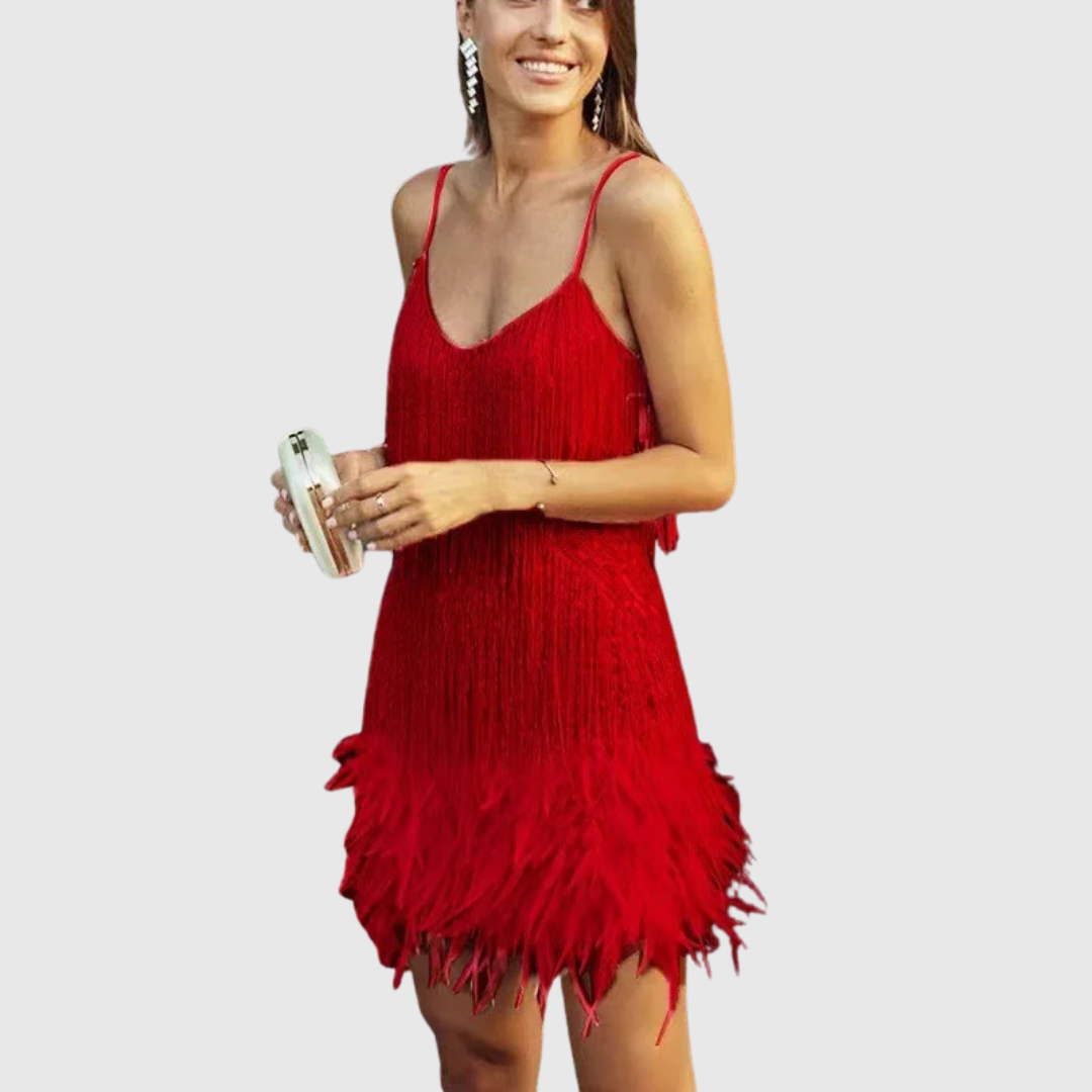 Feather Fringe Cocktail Dress in Red — VerolynBoutique