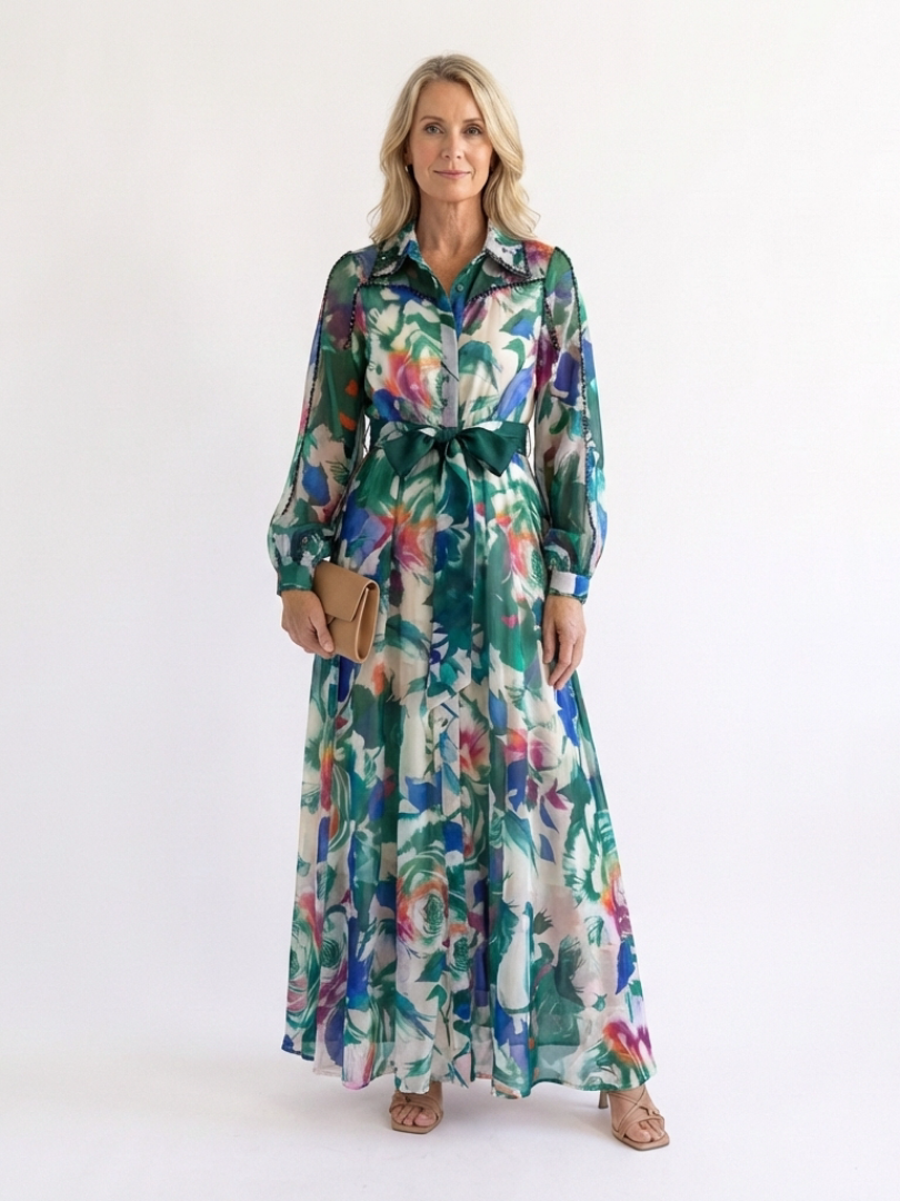 Collared Print Tie-Waist Maxi Dress in Green — VerolynBoutique
