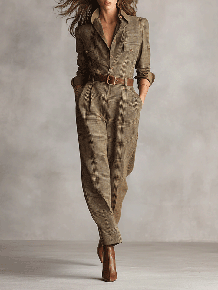 Belted Check Wide-Leg Jumpsuit in Brown — VerolynBoutique