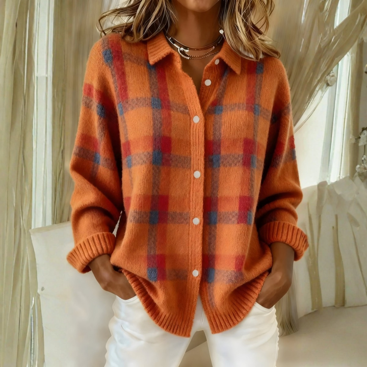 Verolyn Olivia plaid knit cardigan in orange