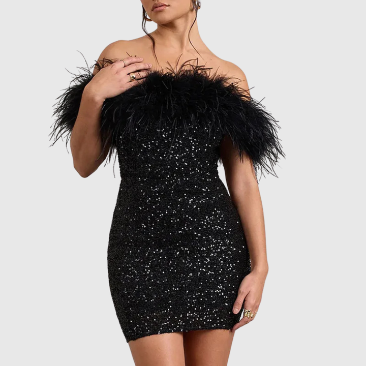 Off-Shoulder Sequin Mini Dress in Red — VerolynBoutique