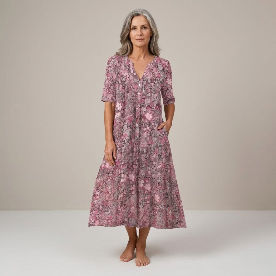 Printed Button V-Neck Midi Dress in Pink — VerolynBoutique