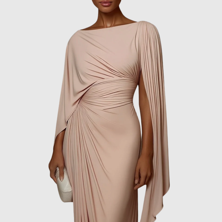Pleated One-Shoulder Maxi Dress in Apricot — VerolynBoutique