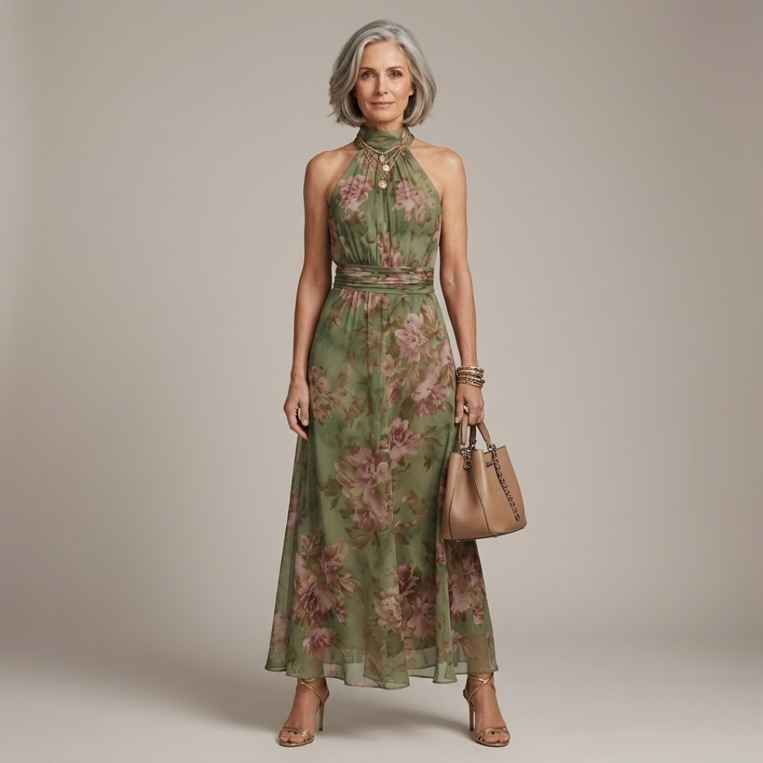 Halter Neck Floral Midi Dress in Green Floral — VerolynBoutique