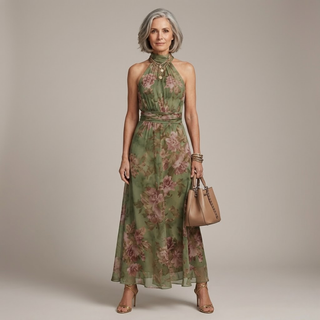Halter Neck Floral Midi Dress in Green Floral — VerolynBoutique