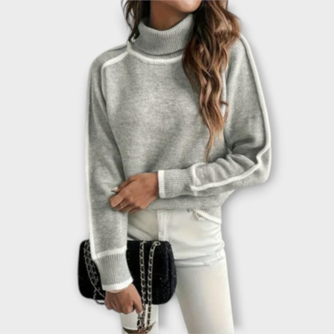 Contrast Trim Raglan Turtleneck in Grey — VerolynBoutique