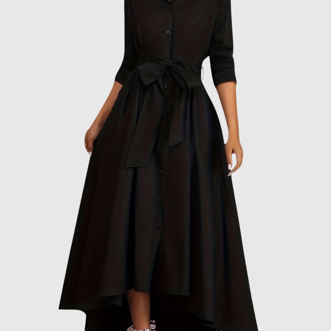 Button-Front Belted Maxi Dress in Black — VerolynBoutique