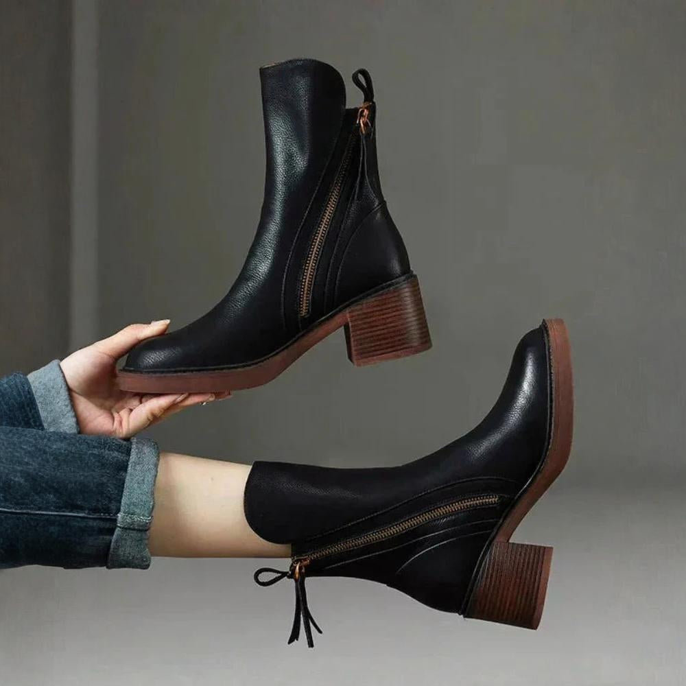 Stitched Leather Block Heel Boots in Black — VerolynBoutique