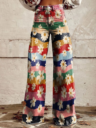 Rainbow Floral Wide Leg Trousers in Multicolour — VerolynBoutique