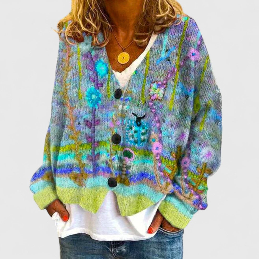 Painted Floral V-Neck Cardigan in Green — VerolynBoutique