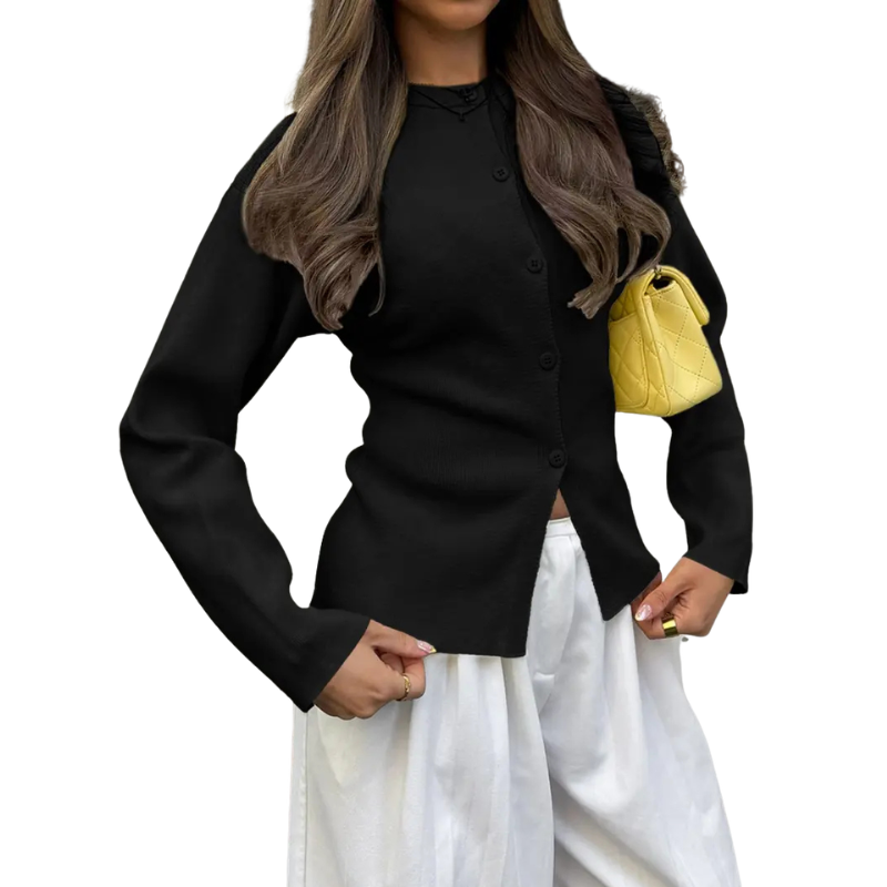 Slim Ribbed Button Cardigan in Black — VerolynBoutique