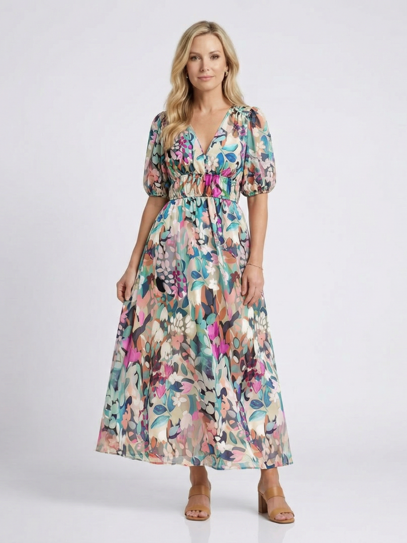 Gathered Waist Floral Midi Dress in Multicolour — VerolynBoutique