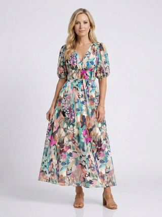 Gathered Waist Floral Midi Dress in Multicolour — VerolynBoutique