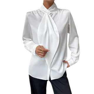 High Neck Scarf Tie Blouse in White — VerolynBoutique