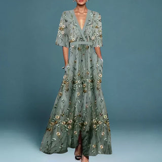 Floral V-Neck Evening Dress in Green — VerolynBoutique