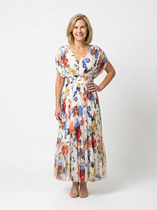 Pleated V-Neck Floral Midi Dress in Multicolour — VerolynBoutique