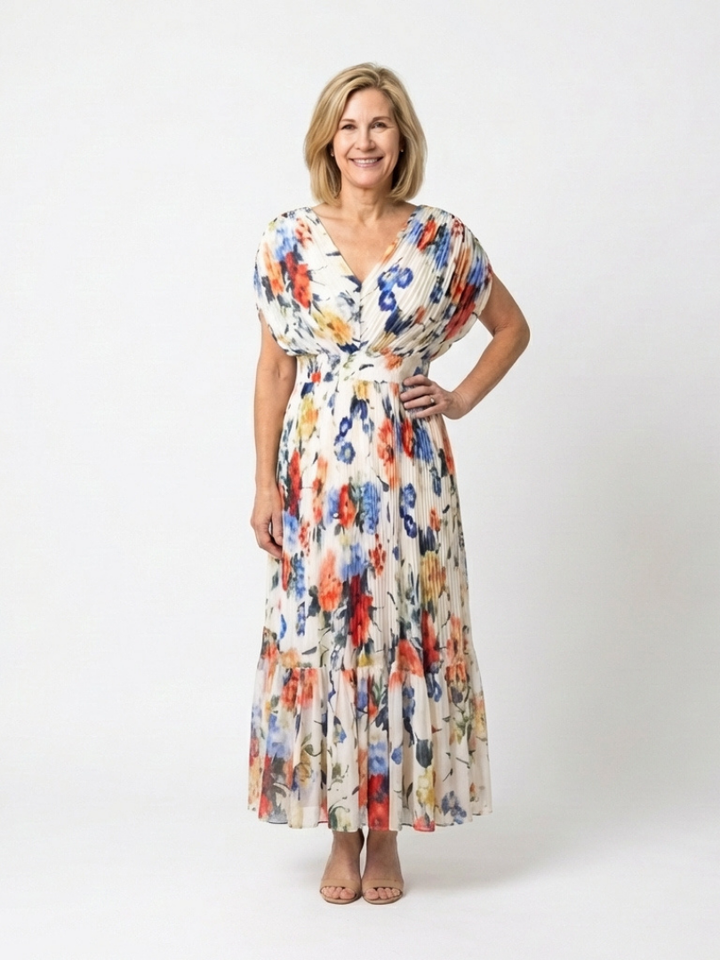Pleated V-Neck Floral Midi Dress in Multicolour — VerolynBoutique