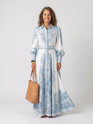 High-Neck Flared Print Maxi Dress in Sky Blue — VerolynBoutique
