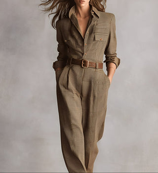 Belted Check Wide-Leg Jumpsuit in Brown — VerolynBoutique