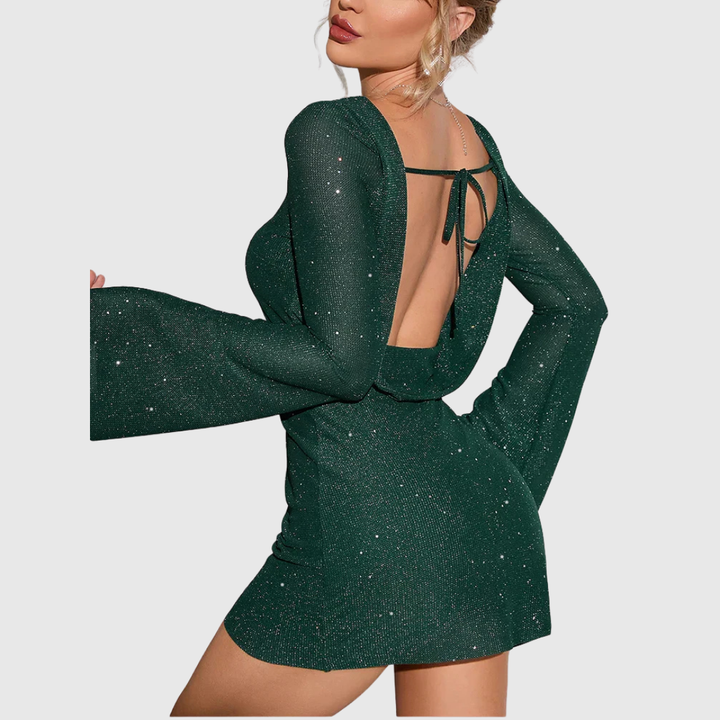 Shimmer Ruched Mini Dress in Black — VerolynBoutique