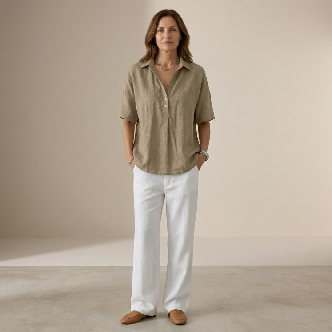 Relaxed Collared Button Blouse in Khaki — VerolynBoutique