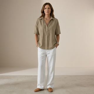 Relaxed Collared Button Blouse in Khaki — VerolynBoutique
