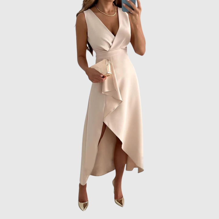 Draped Wrap Midi Dress in Beige — VerolynBoutique