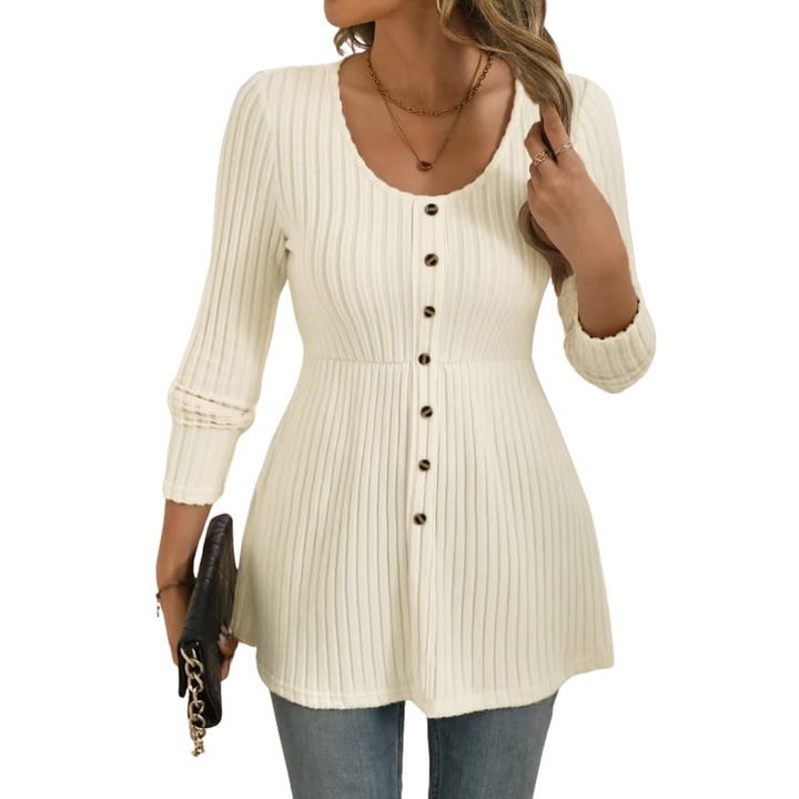 Ribbed Button Front Top in Beige — VerolynBoutique