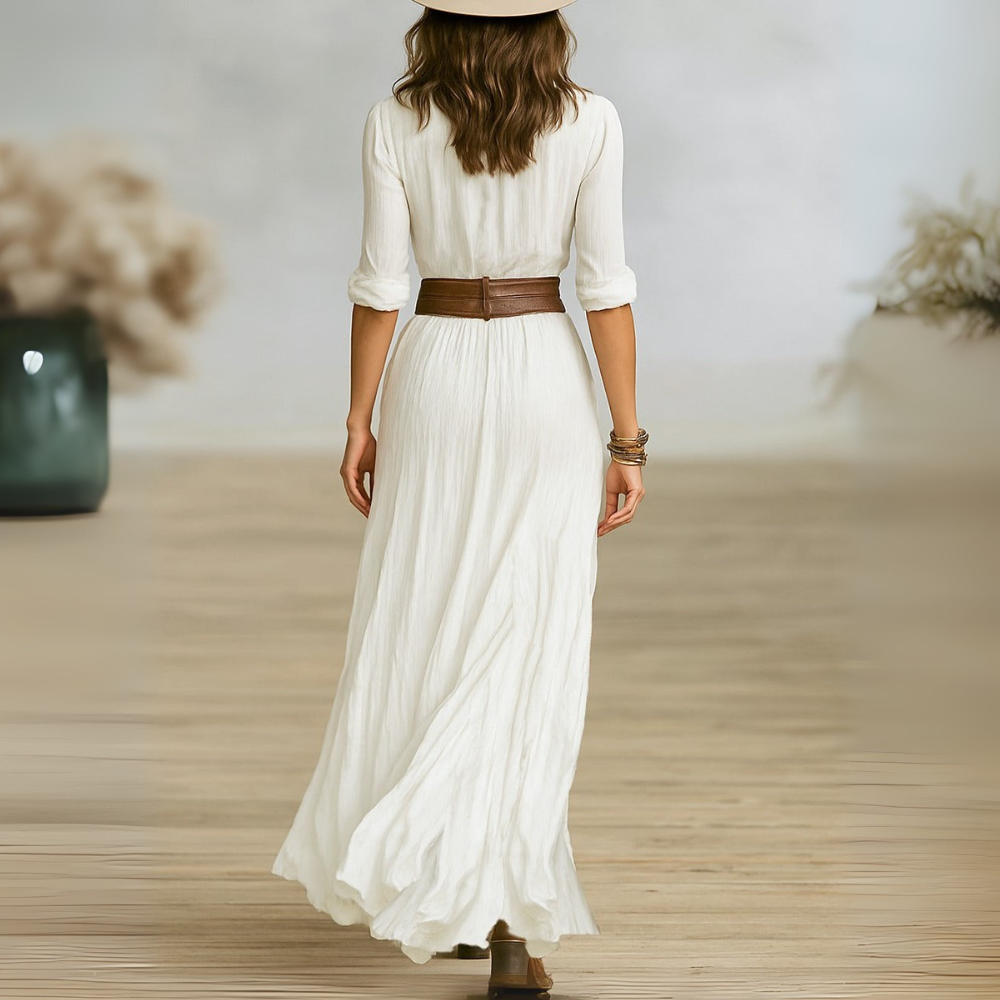 Crinkle Belted Maxi Shirt Dress in White — VerolynBoutique
