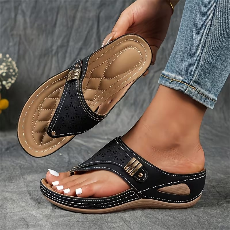 Perforated Toe-Post Wedge Sandals in Black — VerolynBoutique