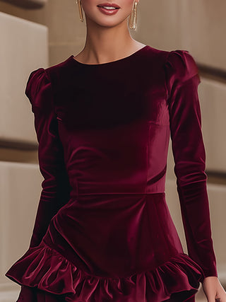 Velvet Ruffle Hem Mini Dress in Burgundy — VerolynBoutique