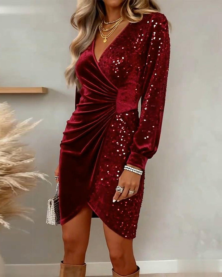 Sequin Velvet V-Neck Midi Dress in Gold — VerolynBoutique