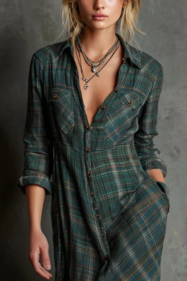 Plaid Button-Front Maxi Shirt Dress in Green — VerolynBoutique