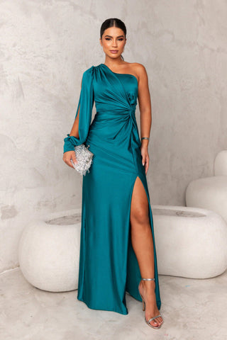 One-Shoulder Draped Evening Gown in Turquoise — VerolynBoutique
