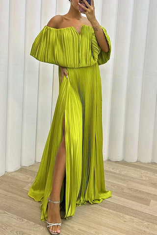 Off-Shoulder Pleated Maxi Dress in Yellow — VerolynBoutique