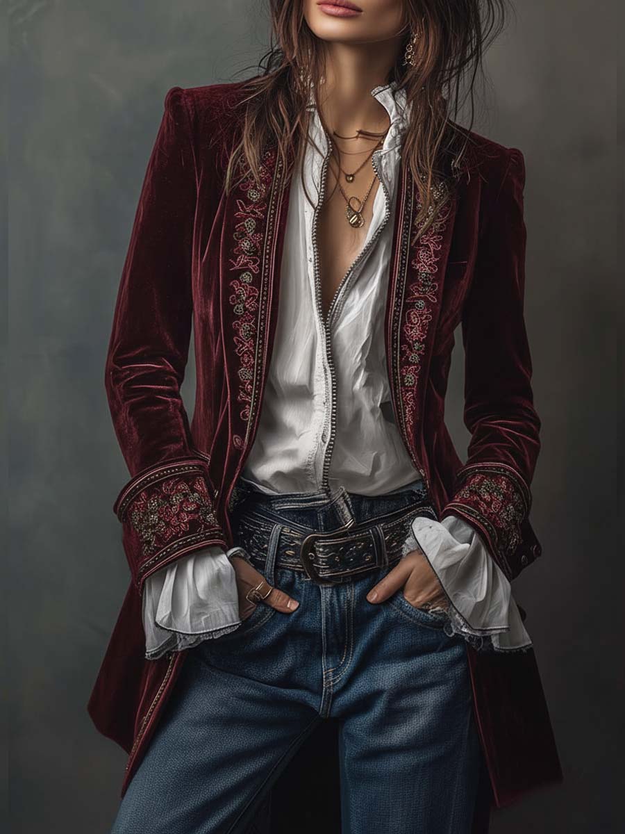 Embroidered Longline Blazer in Red — VerolynBoutique