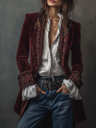 Embroidered Longline Blazer in Red — VerolynBoutique