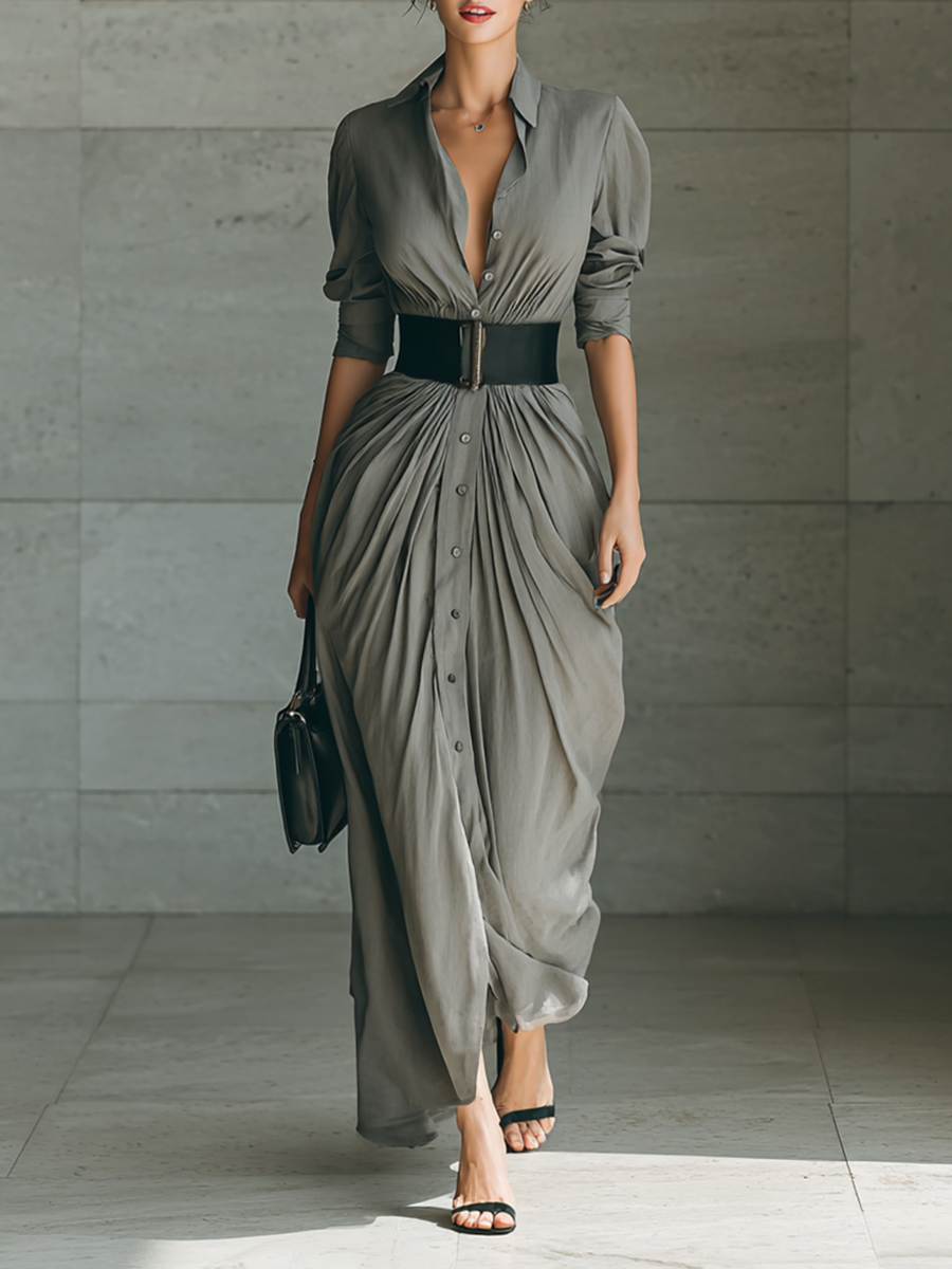 Pleated Maxi Shirt Dress in Grey — VerolynBoutique