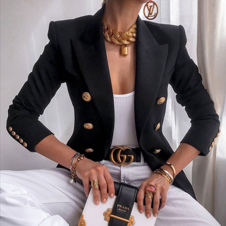 Double-Breasted Gold Button Blazer in Red — VerolynBoutique