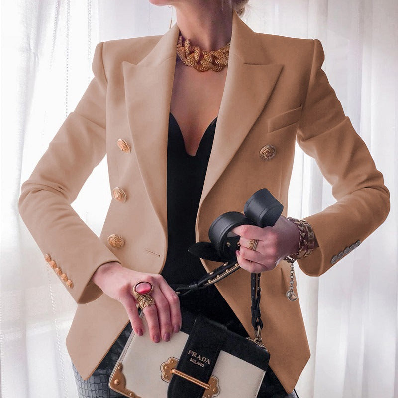 Double-Breasted Gold Button Blazer in Khaki — VerolynBoutique