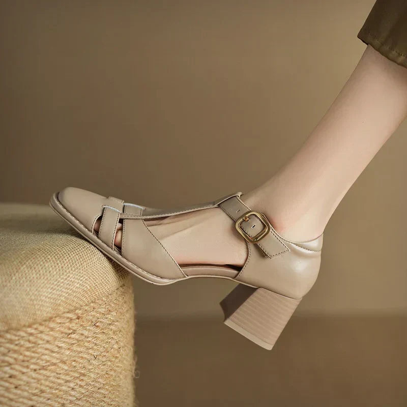 Cutout T-Bar Heeled Sandals in Beige — VerolynBoutique