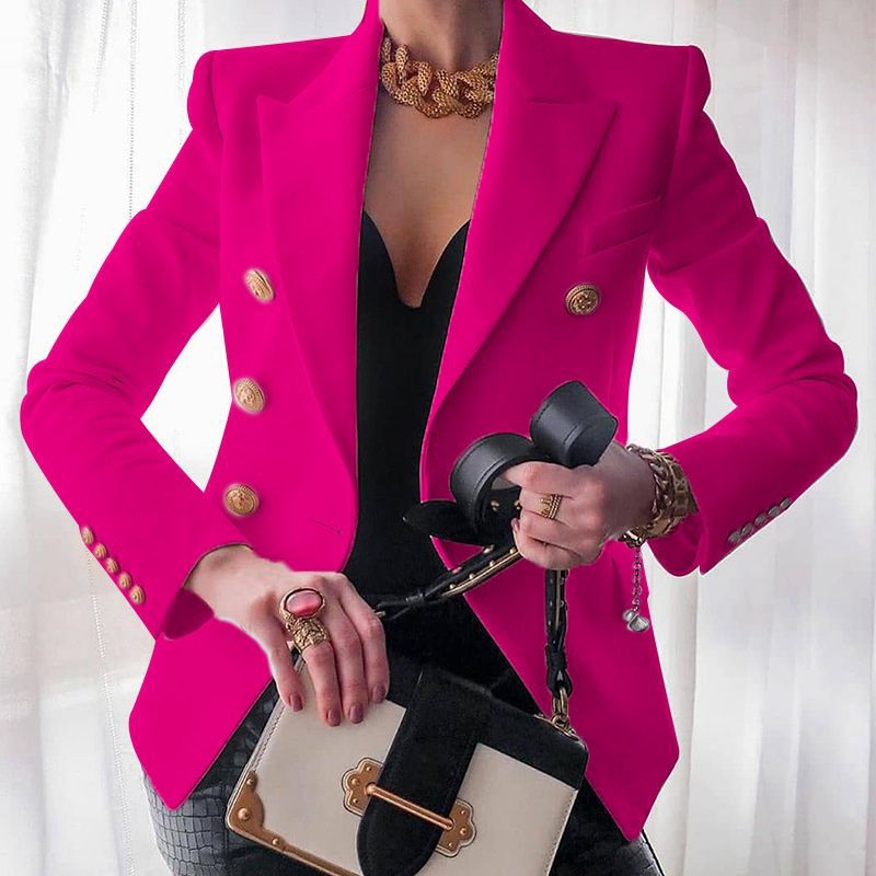 Double-Breasted Gold Button Blazer in Fuchsia — VerolynBoutique