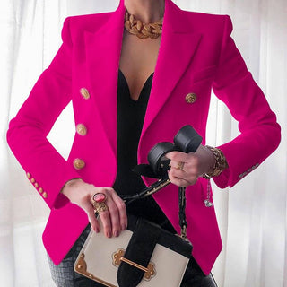 Double-Breasted Gold Button Blazer in Fuchsia — VerolynBoutique