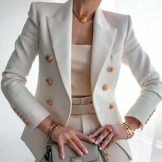 Double-Breasted Gold Button Blazer in White — VerolynBoutique