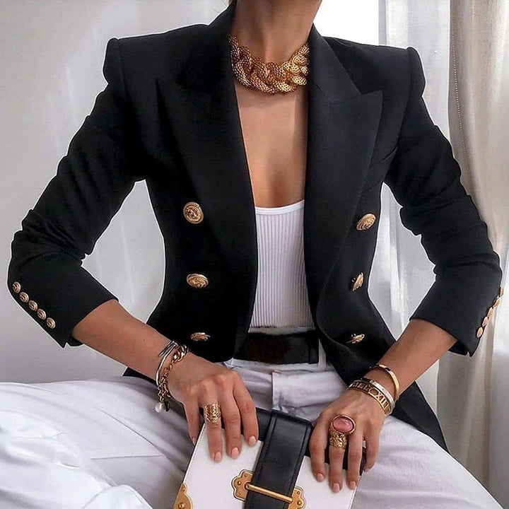 Double-Breasted Gold Button Blazer in Black — VerolynBoutique