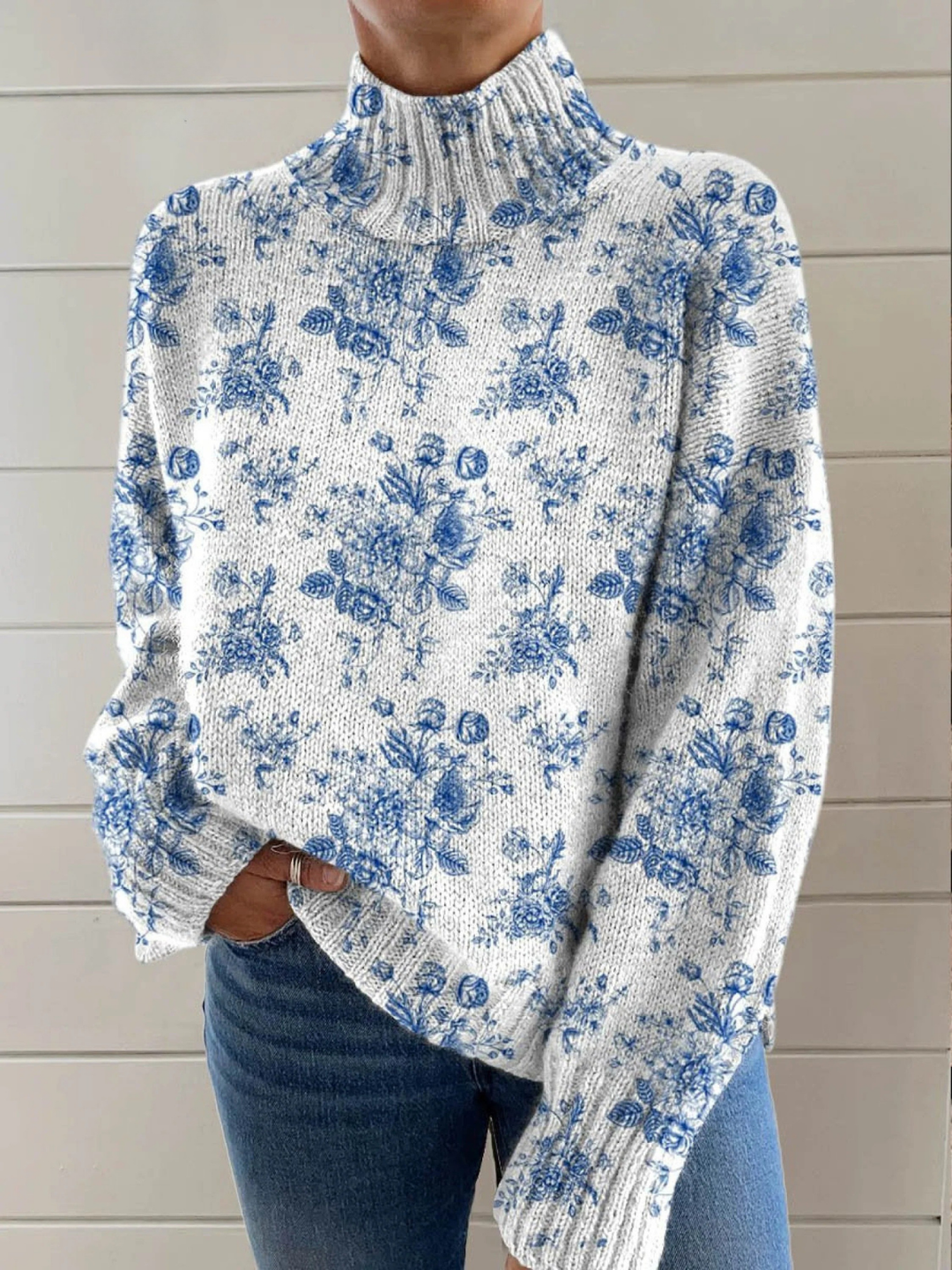 Blue Floral Print Turtleneck in Multicolour — VerolynBoutique